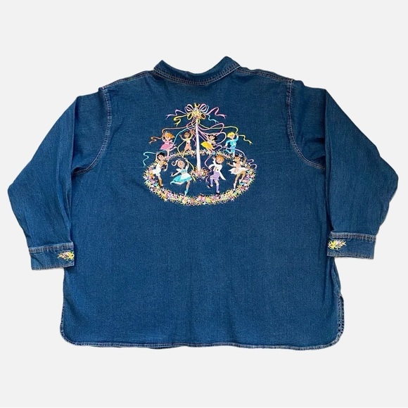 Bob Mackie Wearable Art Embroidered Maypole Dance Denim Button Down Shirt 3X - Picture 2 of 14